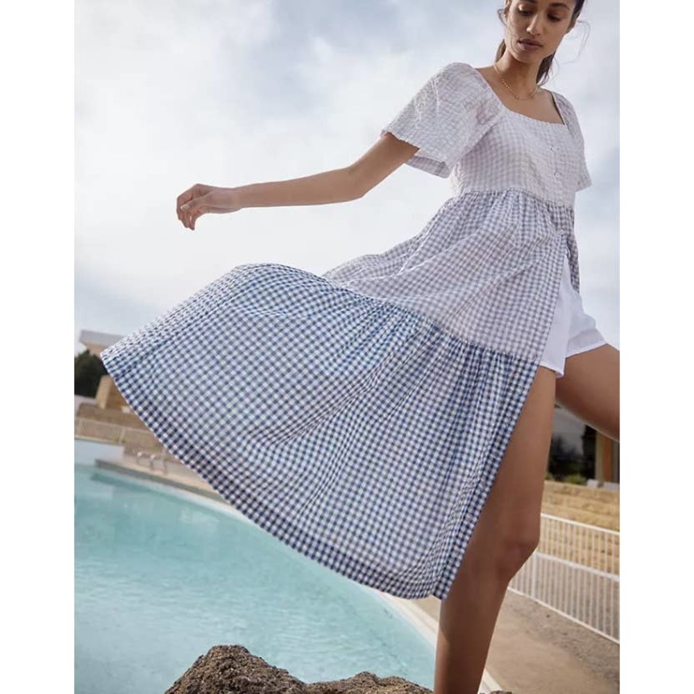 Madewell Patchwork Gingham button front tiered midi dress